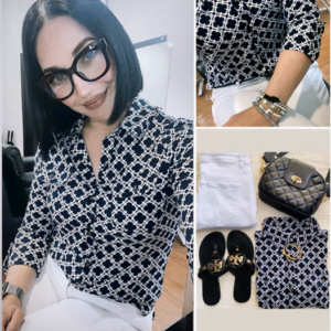 mandee dandee outfit black and white pattern top, white pants, black purse and black sandals
